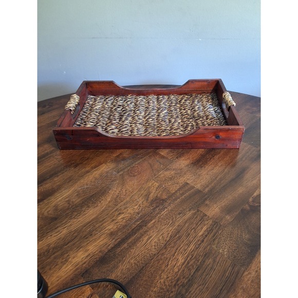 Other - Rustic Wood and Woven Seagrass Serving Tray with Handles Brown Rectangle 17.5in